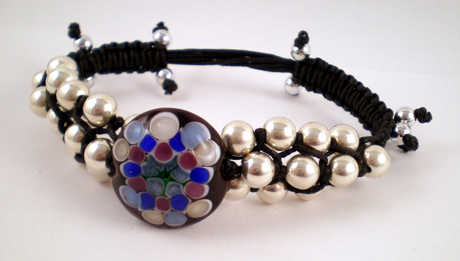 MonaRAEbeads Lampwork Beads and Jewelry Woven Beaded Bracelet Macrame Silver Blue Black