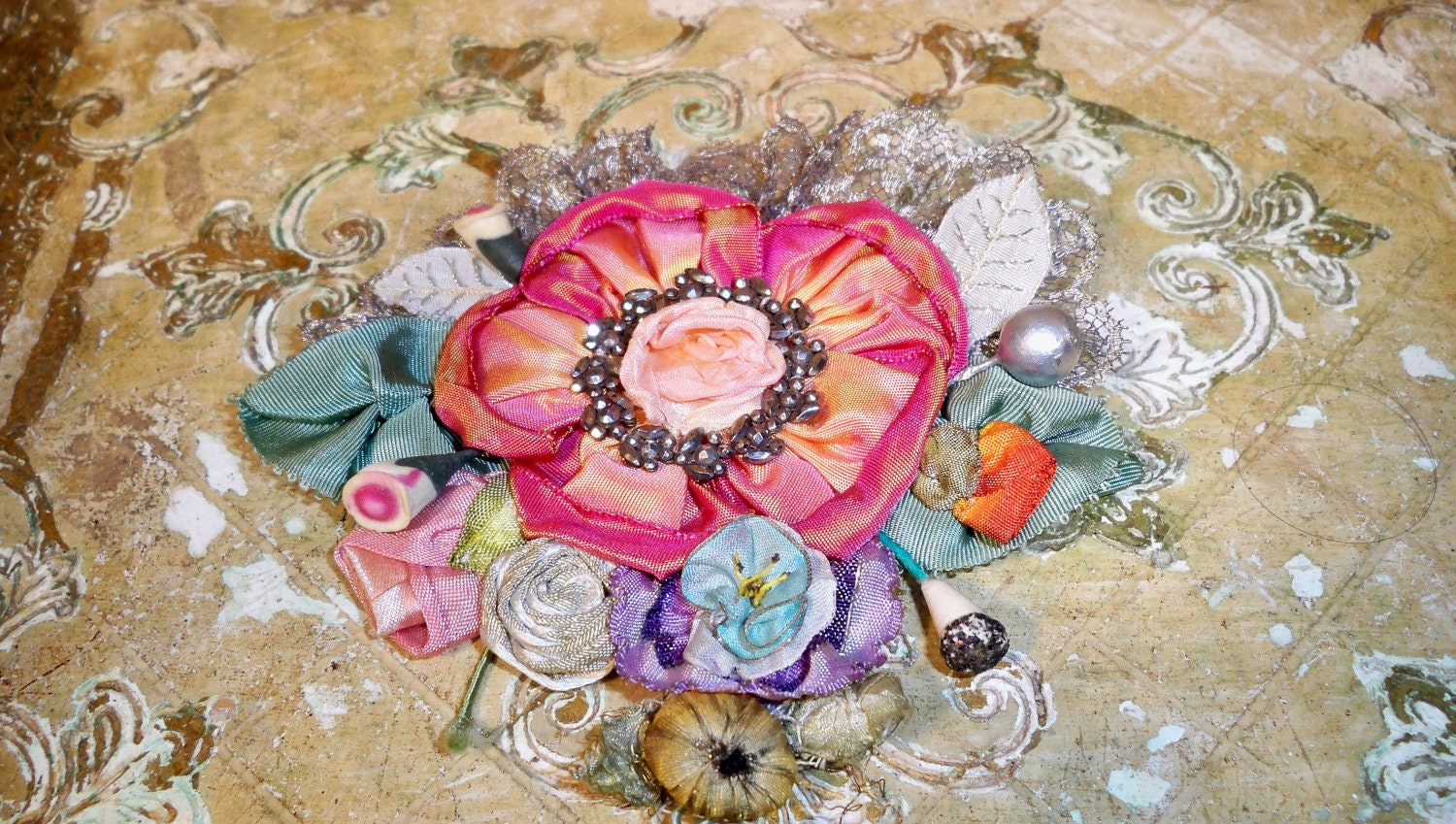 Handmade Antique Ribbonwork Applique Bouquet Millinery Lampshade Silk Ombre Ribbon