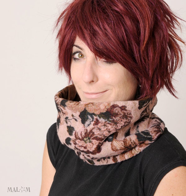 Pink floral Cowl Scarf - old pink and brown floral neckwarmer cowl  tube scarf