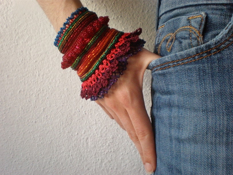 Gladiolus Cardinalis  ... Freeform Crochet Cuff  -  Red Green Orange Burgundy Indigo - Beaded Beadwork