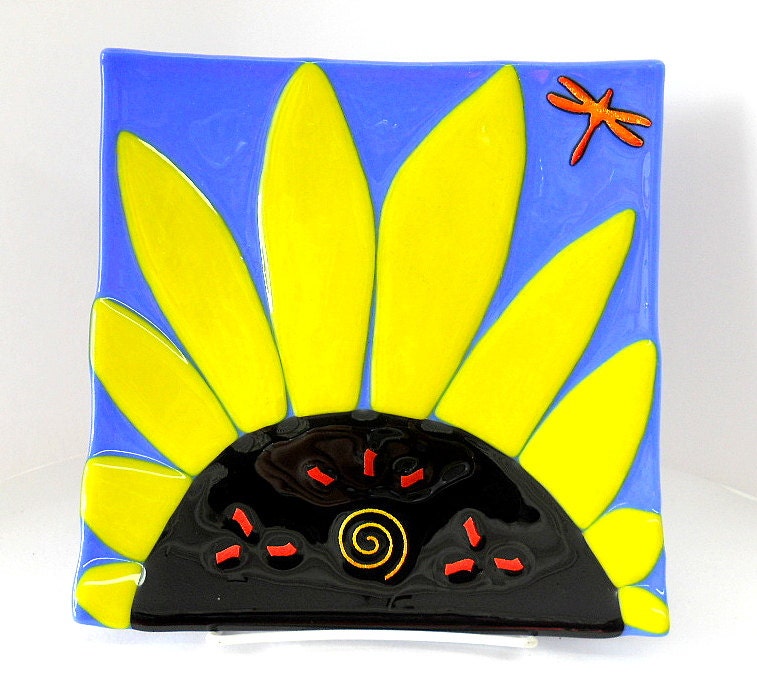 NEW Hand Created Fused Glass Yellow Sunflower Plate Home Decor Dragonfly