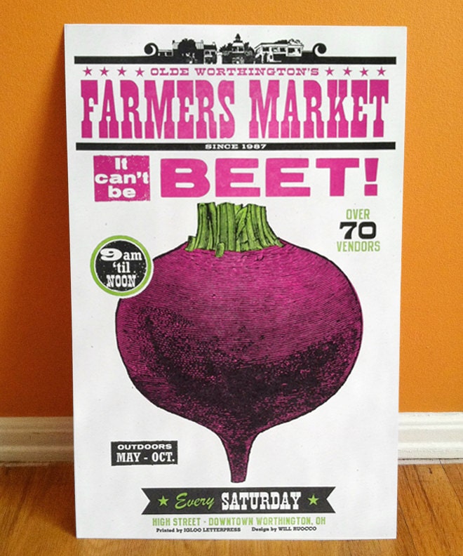Letterpress Farmers Market BEET poster, featuring illustration with woodtype, made in Ohio