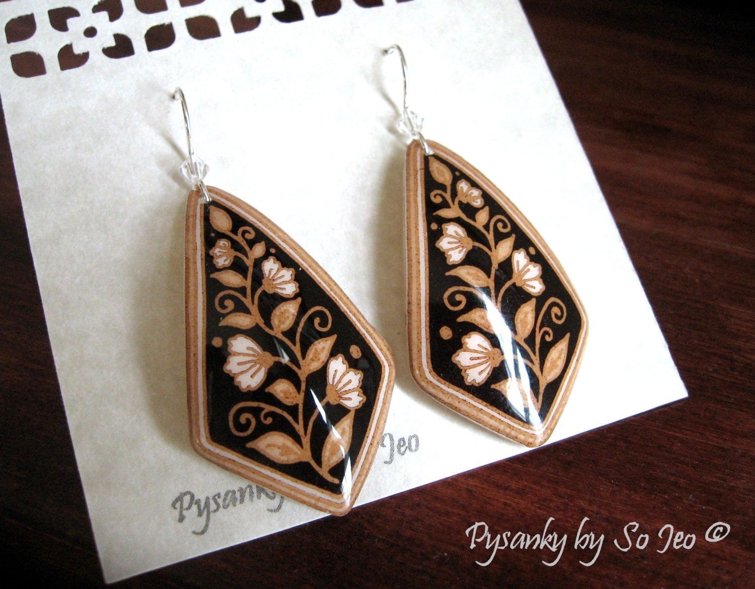 ECO Spring Vines Etched Brown Eggshell  Pysanky Batik  Kite Dangle Earrings
