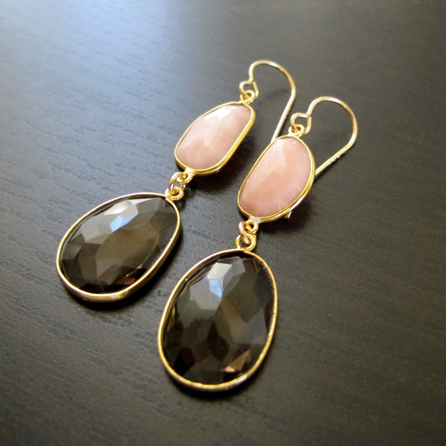 Pink Opal & Faceted Smoky Quartz Earrings