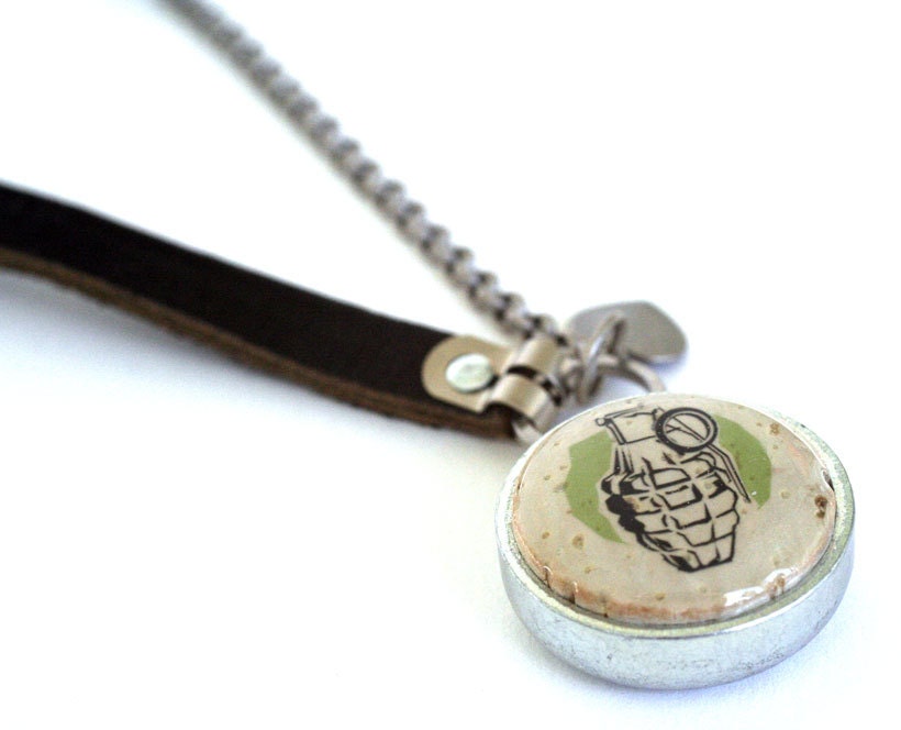Eco Friendly Grenade Necklace - KABOOM - Stamped Jewelry, Black Leather Necklace, Green, Asymmetrical, Recycled Wine Cork by Uncorked