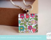 Ditsy Doodle Glass Tile Pendant Necklace