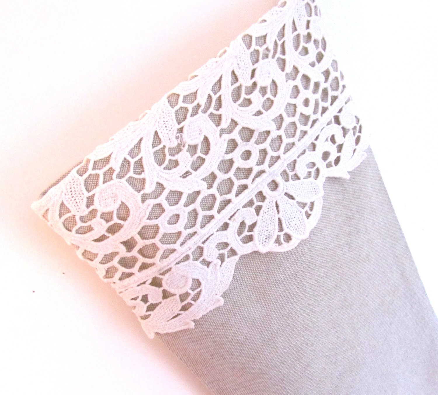Christmas Stocking Natural Linen Vintage Lace Cuff and Toe