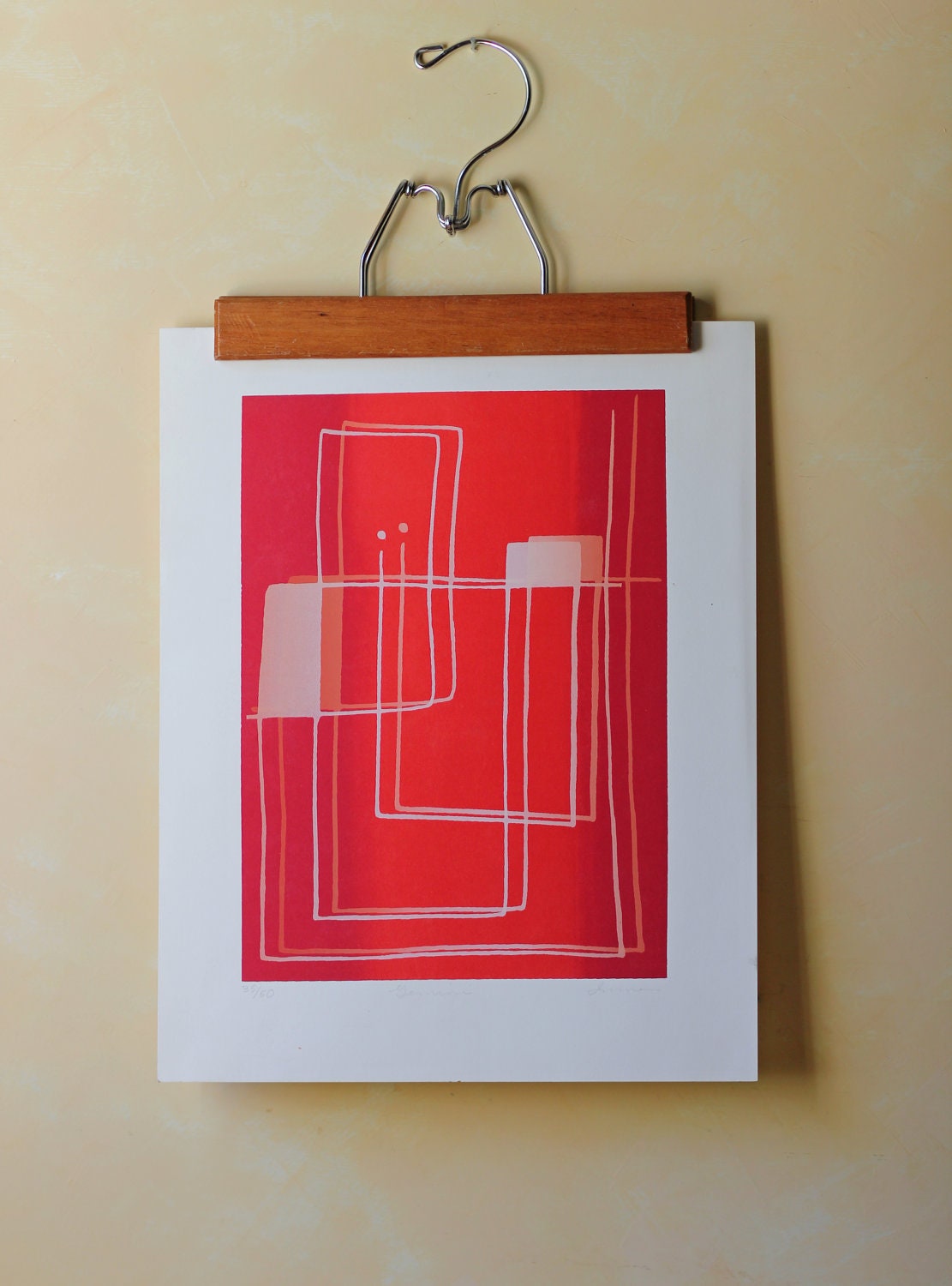 red modern lithograph to frame signed and numbered