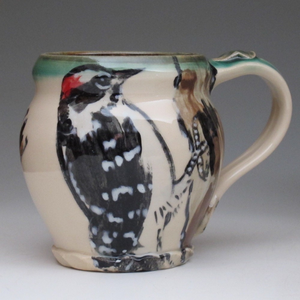 Mug with hand painted  woodpecker bird - MorrisPottery