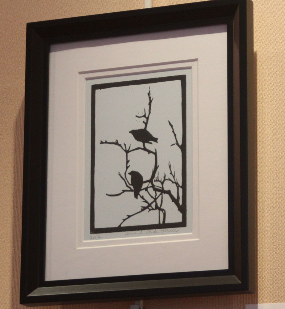 FRAMED Birds and Branches, Woodblock Print, Matted, Black and Pale Blue, Nature Art