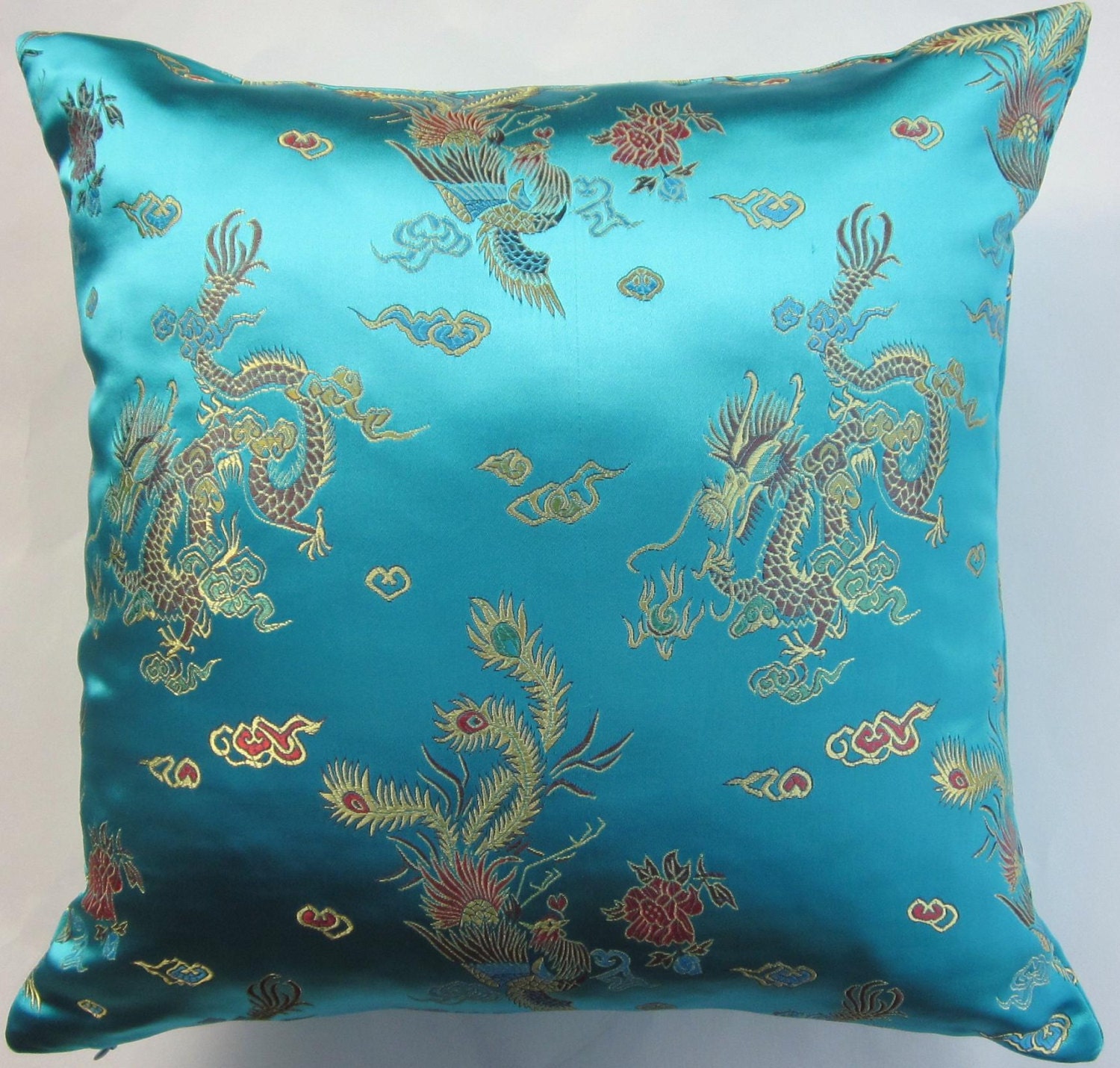 Turquoise Pillow Cover -- Turquoise Satin Brocade Cushion Cover with Dragons and Birds -- 16 x 16