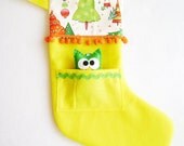 Felt Holiday Stocking - Pocket Peeper Owl - Crazy Christmas -  Yellow