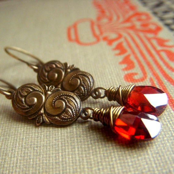 Cubic Zirconia Earrings on Brass . Red Wirewrapped Briolette Dangle . Nouveau
