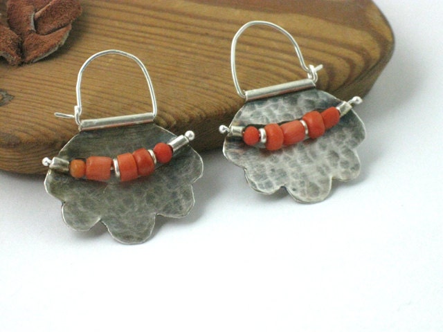 Silver  Coral Hoops - Hammered Tribal Sterling Earring Hoops -  Primitive Ancient Coral beads