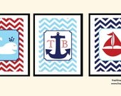 Kids Print Set - Nursery Art - Nautical Set - Sailboat, Chevron, Anchor, Whale - Set of Three 5x7 Art Prints
