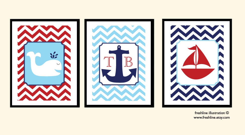 Kids Print Set - Nursery Art - Nautical Set - Sailboat, Chevron, Anchor, Whale - Set of Three 5x7 Art Prints
