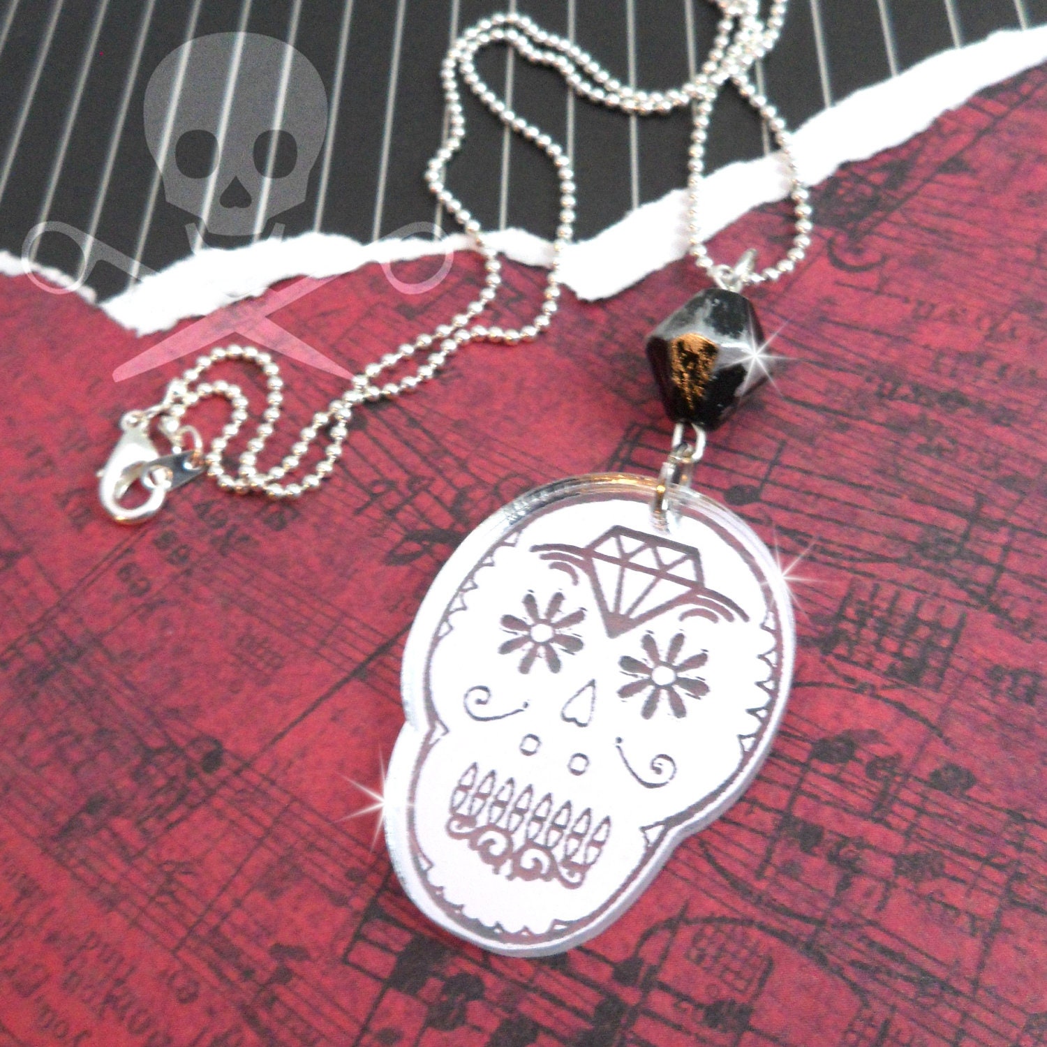 CUTE CALAVERAS - Laser Cut Acrylic Silver MIrror Sugar Skull Charm Necklace