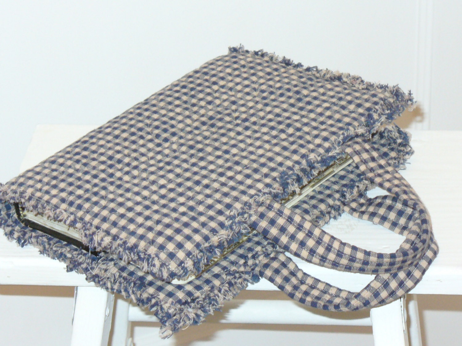 Navy Blue and Cream Homespun Rag Quilted Bible Book Cover RQQ