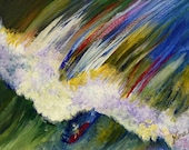 The Big One wave surfer ocean abstract original painting canvas board acrylic green white red   9"x12"