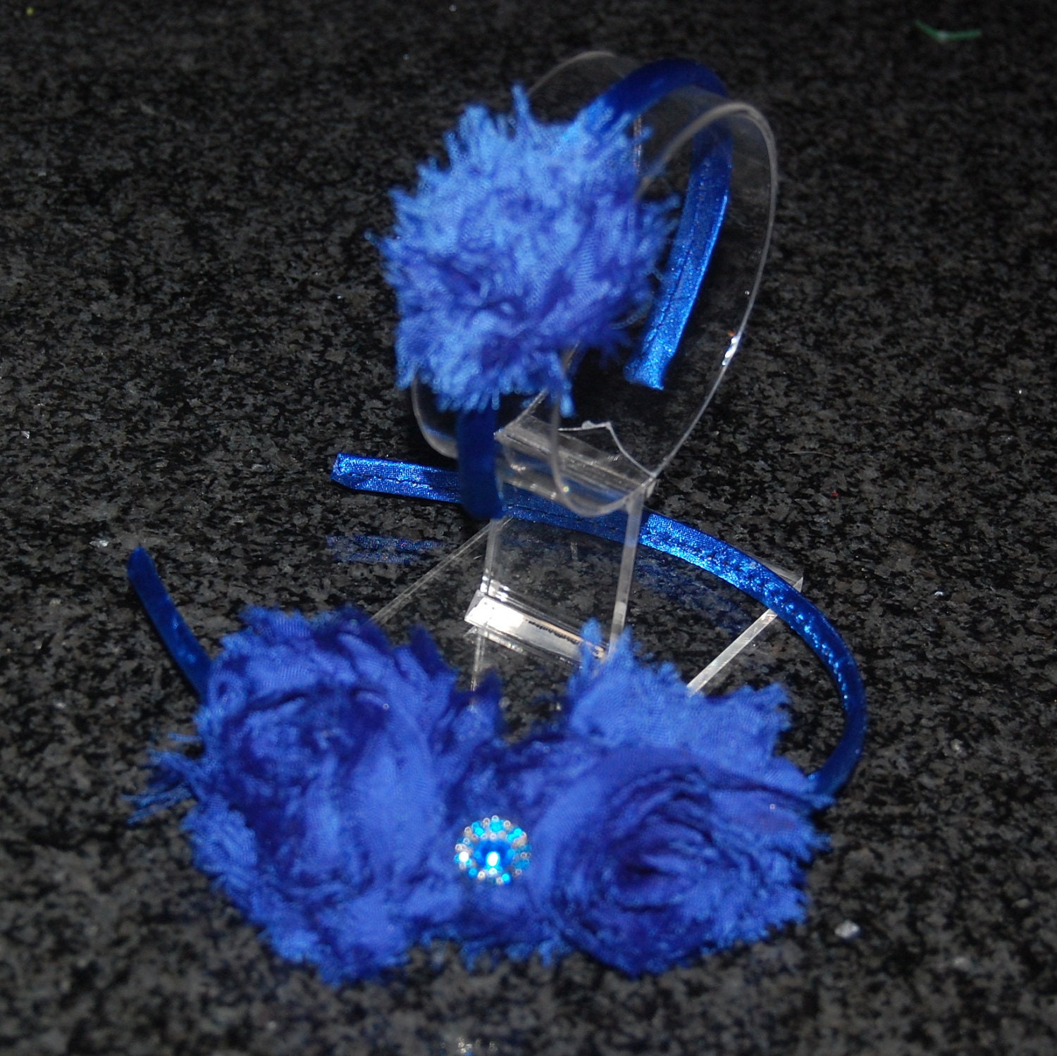 Doll and Child set royal blue covered headband with shabby chiffon flower for 15 to 18 inch dolls like American Girl Doll Saige