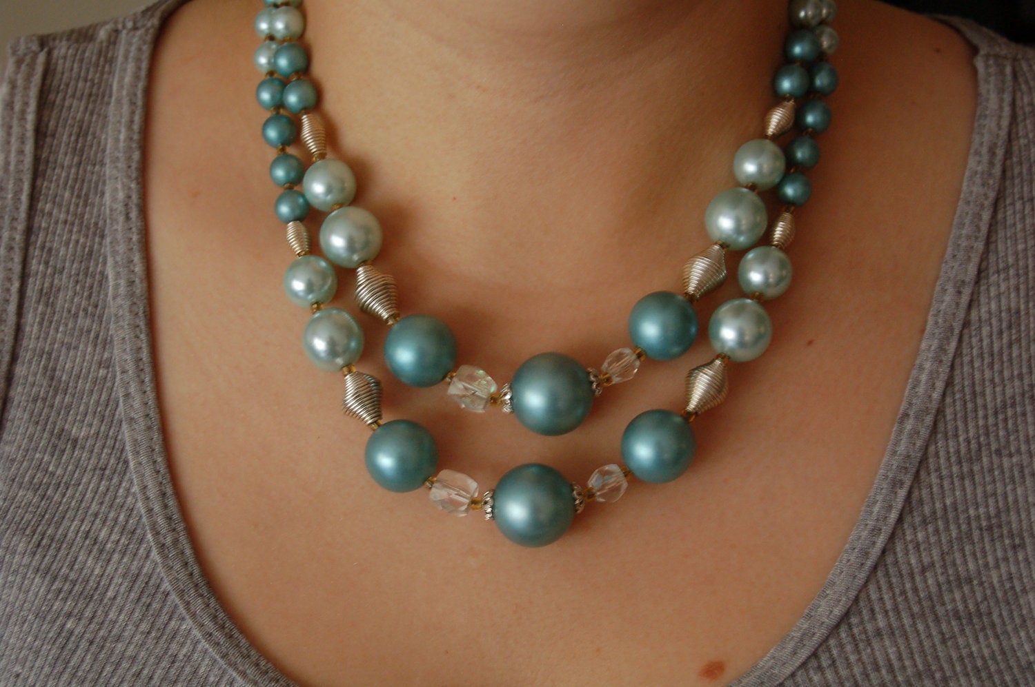 vintage double strand AQUA bead necklace.