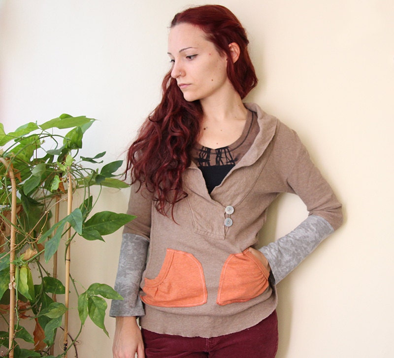 refashion long sleeve shirt with reconstructed sleeves and pockets medium