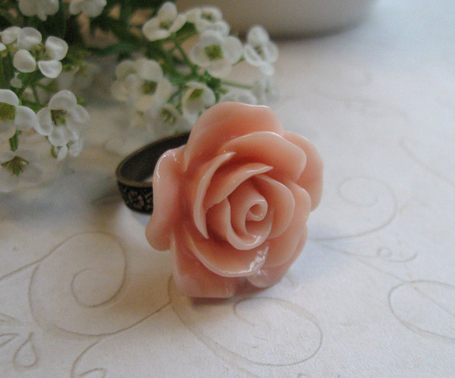 Peach rose ring, brass embossed pattern - adjustable band
