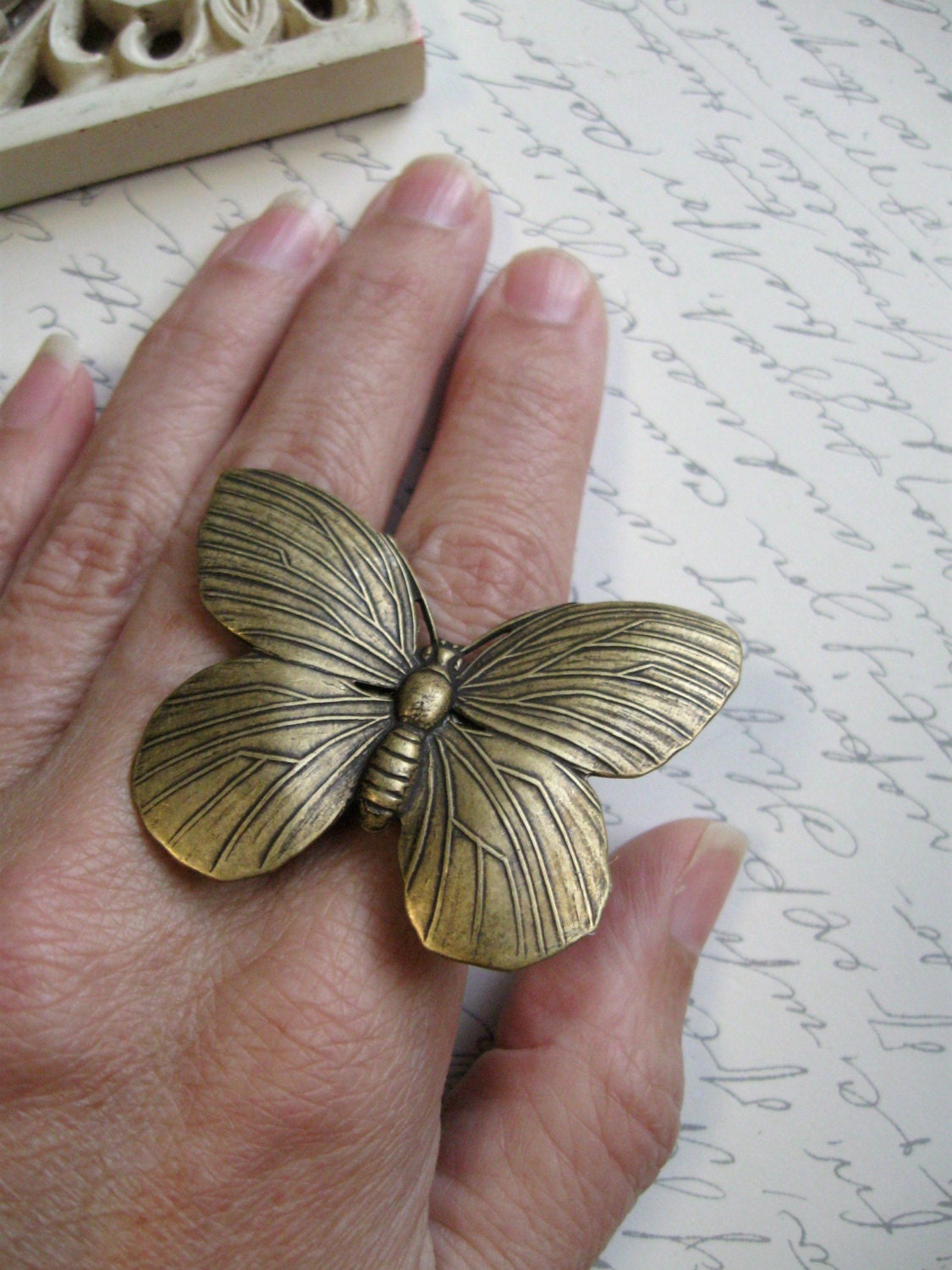 Big butterfly ring, brass band, cottage chic, summer jewelry, nature, woodland