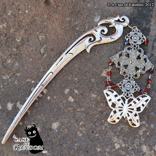 Butterfly and Phoenix--silver and red long metal hair stick