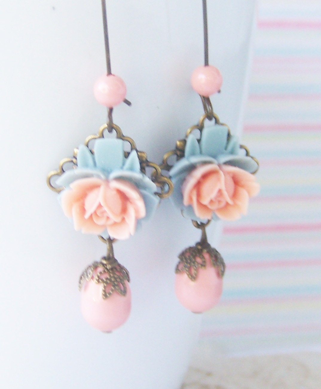 Flower Dangle Earrings, Rose Cabochon Earrings, Peach, Blue, Antiqued Patina Earrings