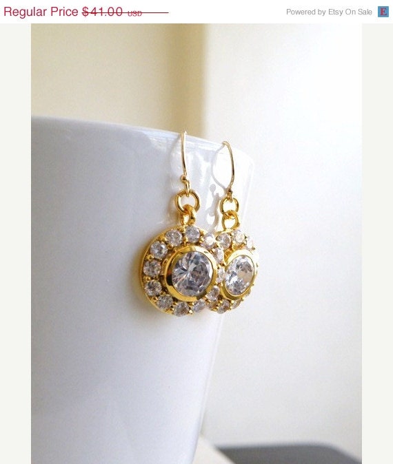 15% Off Sale Wedding Jewelry Bridal Earrings Round Teardrop Cubic Zirconia CZ Gold Filled Vintage Inspired Stud Earrings - Cynthia E8G
