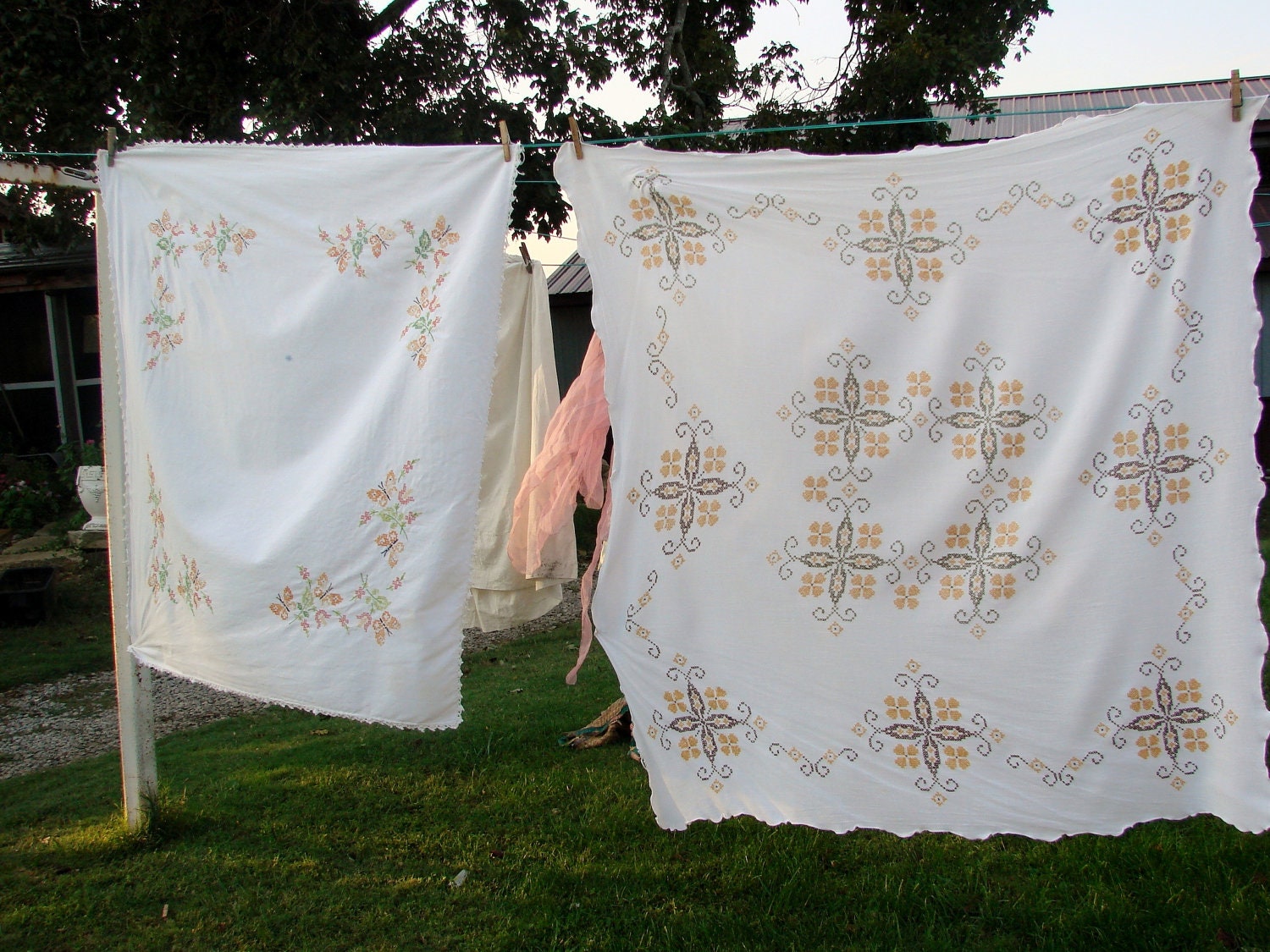 2 Vintage Hand Embroidery Cross Stitch Tablecloth Tablecloths Floral and Butterflies