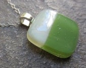 Dainty necklace, Olive green & white Color block pendant, Simple glass pendant