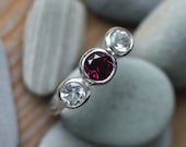 Ready to Ship Size 7, Rhodolite Garnet and White Topaz Three Stone Ring in Recycled Sterling Silver