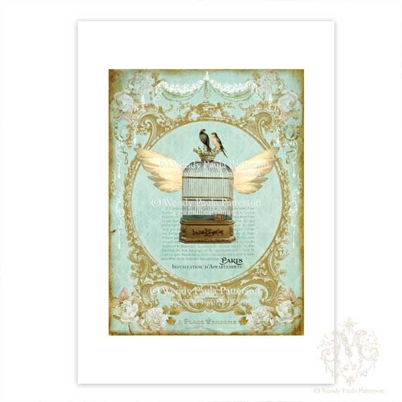 Vintage bird cage Art print, collage, French, Flying Birdcage, Birds, Giclee, Green, Paris, Wings