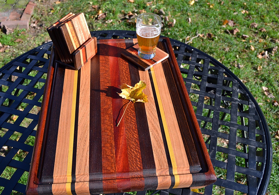 Handmade Large Wood Cutting Board with Matching Coasters - The Rustic Retro Set - Black Walnut & Bloodwood