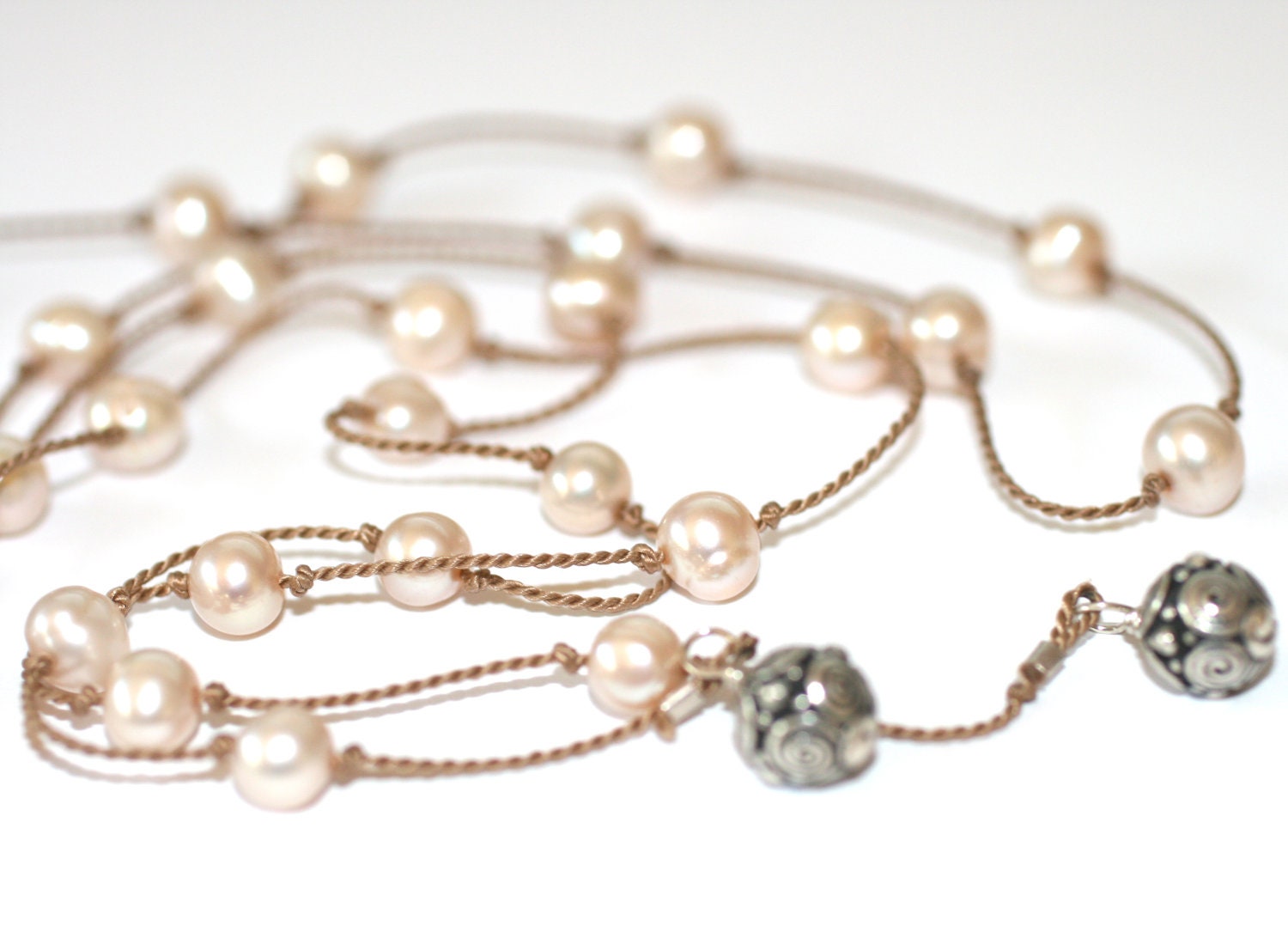 White Freshwater Pearl Hand Knotted Silk Cord Lariat Necklace 36 Inches