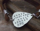 Personalized Hand Stamped Guitar Pick Leather Bracelet