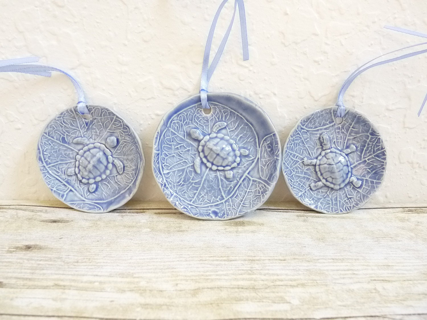 Sea Turtle Ornament Blue Handcrafted Pottery Ceramic Christmas Ornament Set of Three