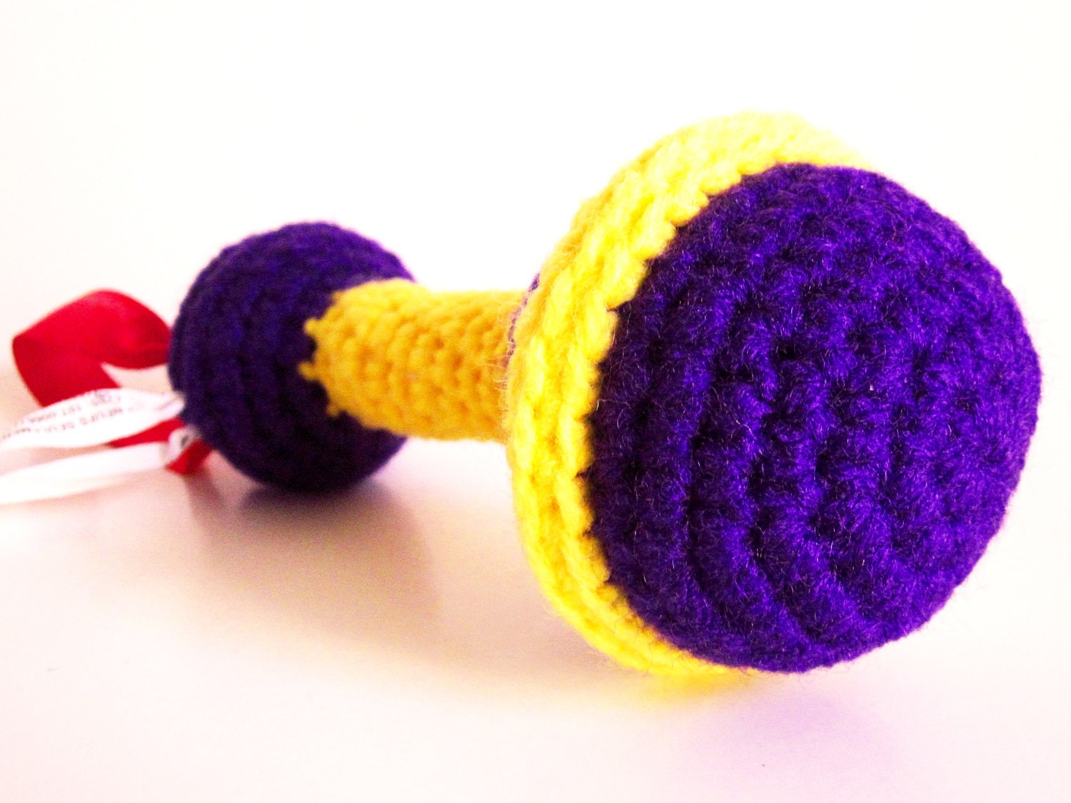 Textured RATTLE Toy: Baby Rattle Amigurumi Crocheted in Bright Yellow and Deep Purple Washable Yarn - Handmade, Designed by The Silver Hook