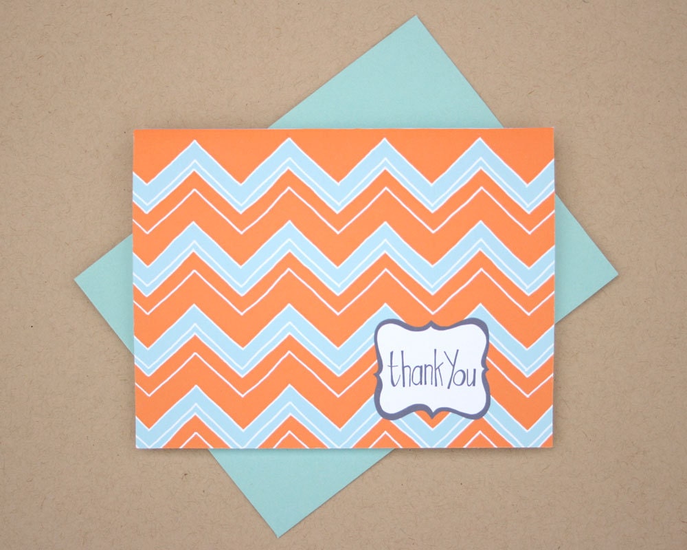 Chevron Thank You Cards (orange) - Set of 8 Note Cards