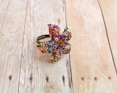 Rainbow Sparkle Ring - Beaded Flower Cocktail Ring - Ododo Originals