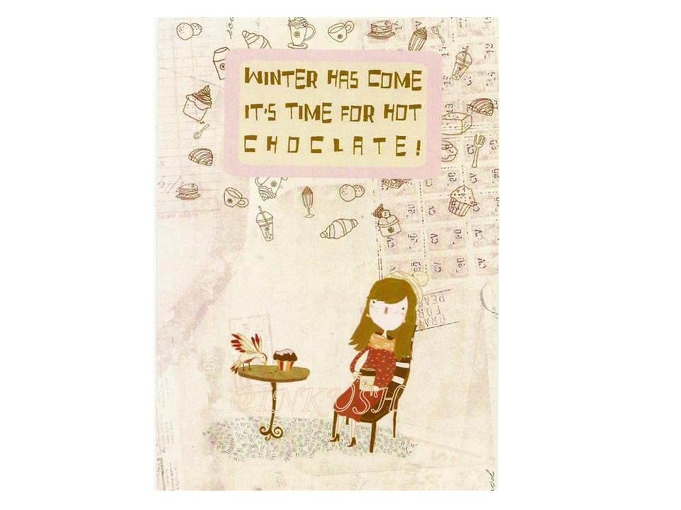 Time For Hot Chocolate  Blank Greeting Card in Pink Brown Red and White, 4 x 6 " Art Print Of Illustration