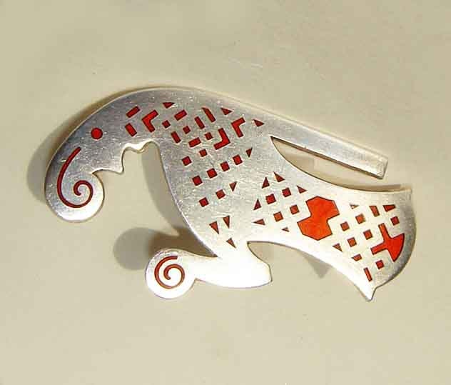 Vintage Modernist Brooch Swedish Valsgärde Shield 830 Silver & Enamel Viking Norse Bird