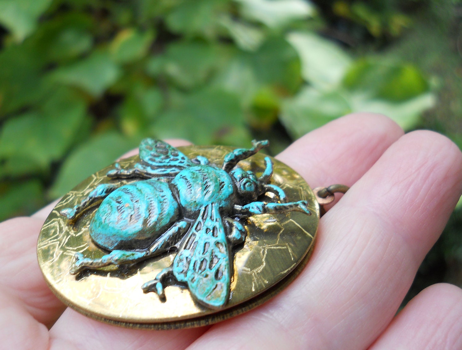 Verdigris Bee on Honeycomb engraved art on vintage brass locket original artwork