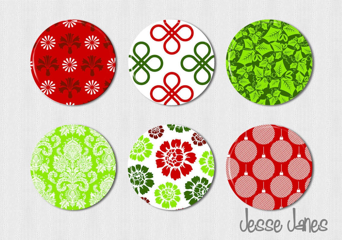 HOLIDAY Patterns - 6 pin back buttons, flatbacks, toppers or magnets - please specify during checkout - magnets fit Magnabilities