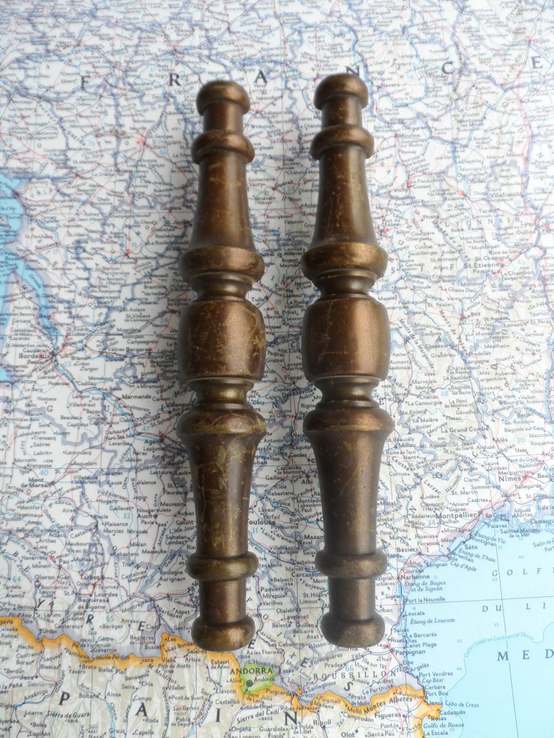 2 large vintage chunky brass metal handles includes hardware