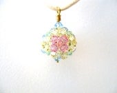 Flower Ball Pendant Necklace, Pink Yellow Blue Swarovski Crystal Beaded Pendant, Pastels, Handwoven