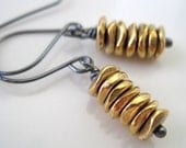 Golden brass beads and sterling silver earrings, simple, modern - ready to ship
