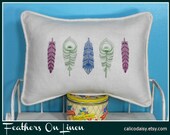 Feathers On Linen - Embroidered Feathers on  12 x 16 Lumbar Pillow Cover